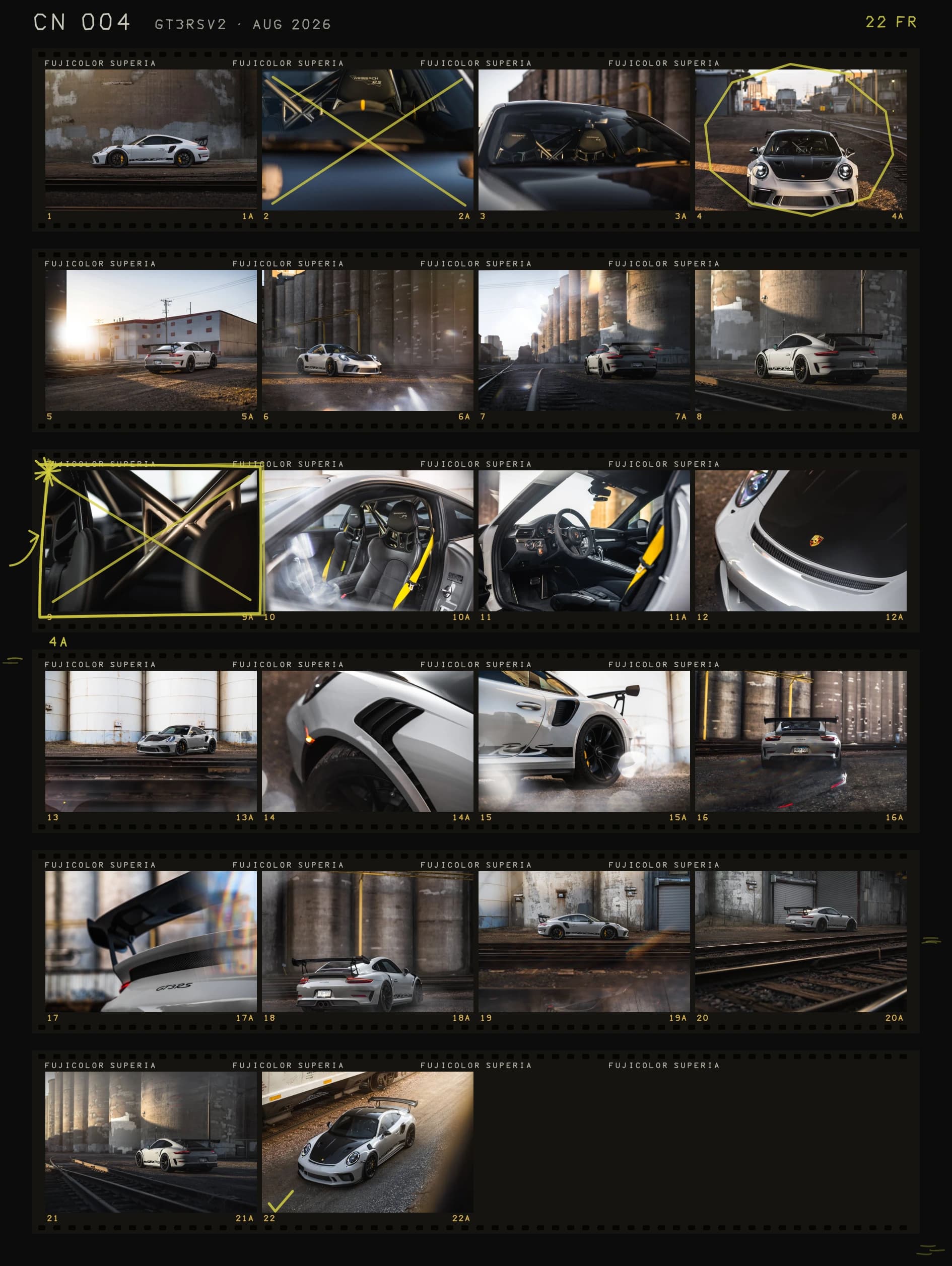 A darkroom contact sheet of 22 frames, the selected exposure marked in yellow chinagraph.